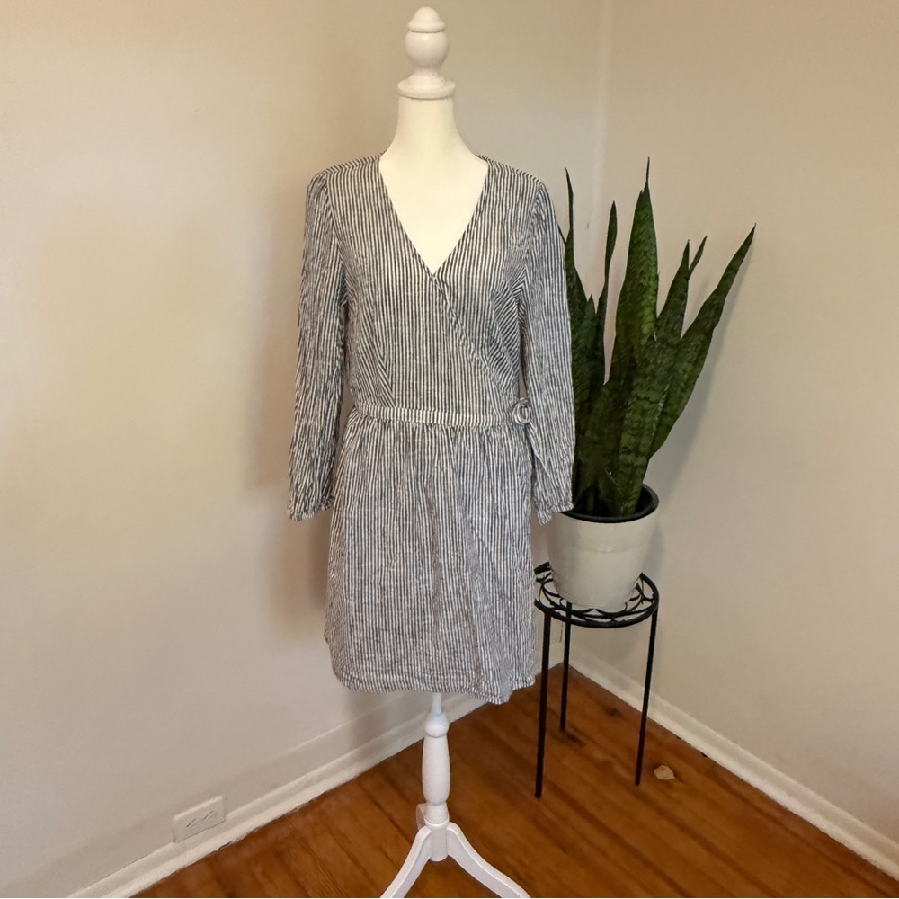 Old Navy | Blue and Grey Striped Long Sleeve Wrap Dress